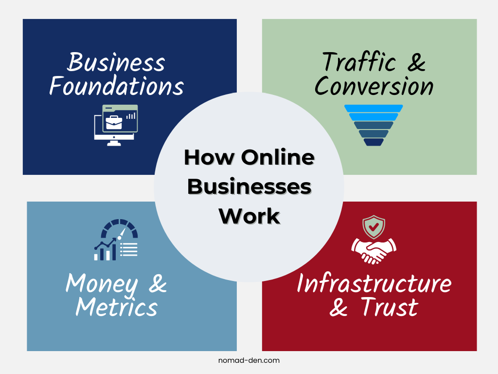 Diagram showing core online business foundations, including business foundations, traffic and conversion, money and performance metrics, and infrastructure and trust.