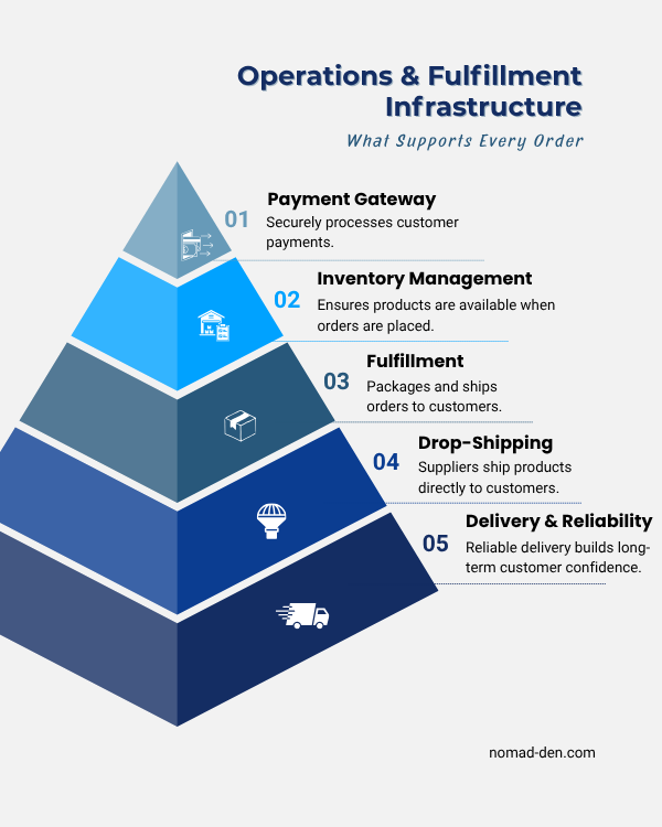 Pyramid-style diagram showing operations and fulfillment infrastructure, including payment gateway, inventory management, fulfillment, drop-shipping, and delivery to support online orders.