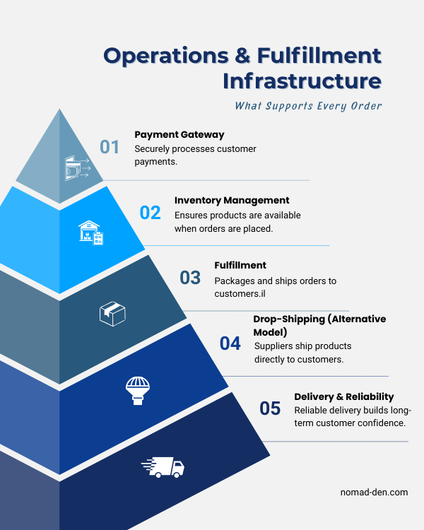 Pyramid-style diagram showing operations and fulfillment infrastructure, including payment gateway, inventory management, fulfillment, drop-shipping, and delivery to support online orders.