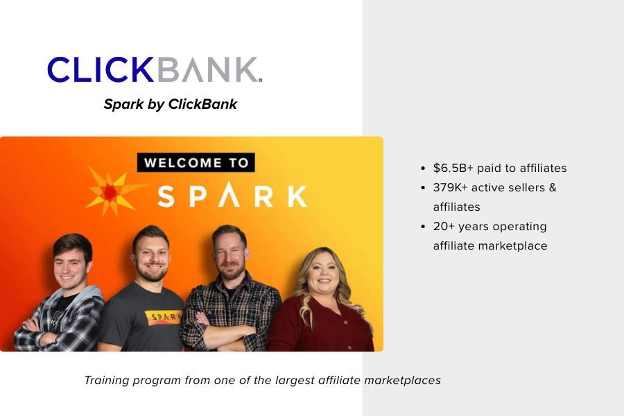 Spark by ClickBank affiliate marketing training program banner featuring the Spark team