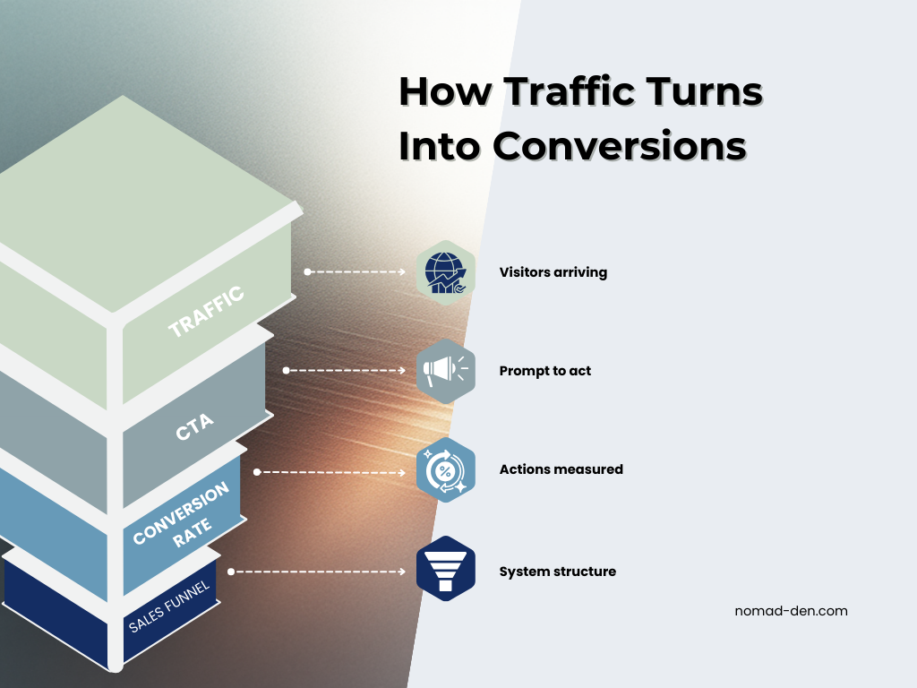 Diagram showing traffic, calls to action, conversion rate, and the sales funnel as connected mechanics that turn attention into action in an online business.
