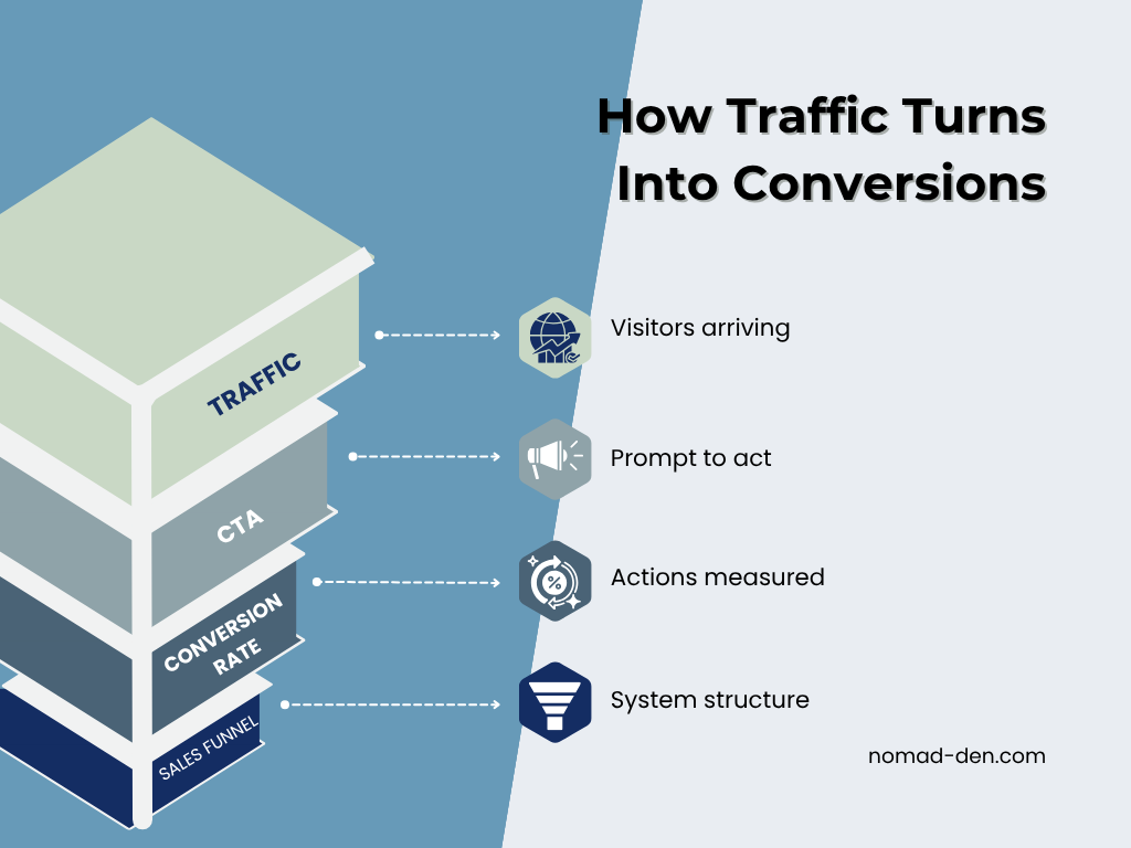 Diagram showing how traffic turns into conversions through four stages: visitors arriving, a prompt to act, actions measured, and the sales funnel as the system structure.
