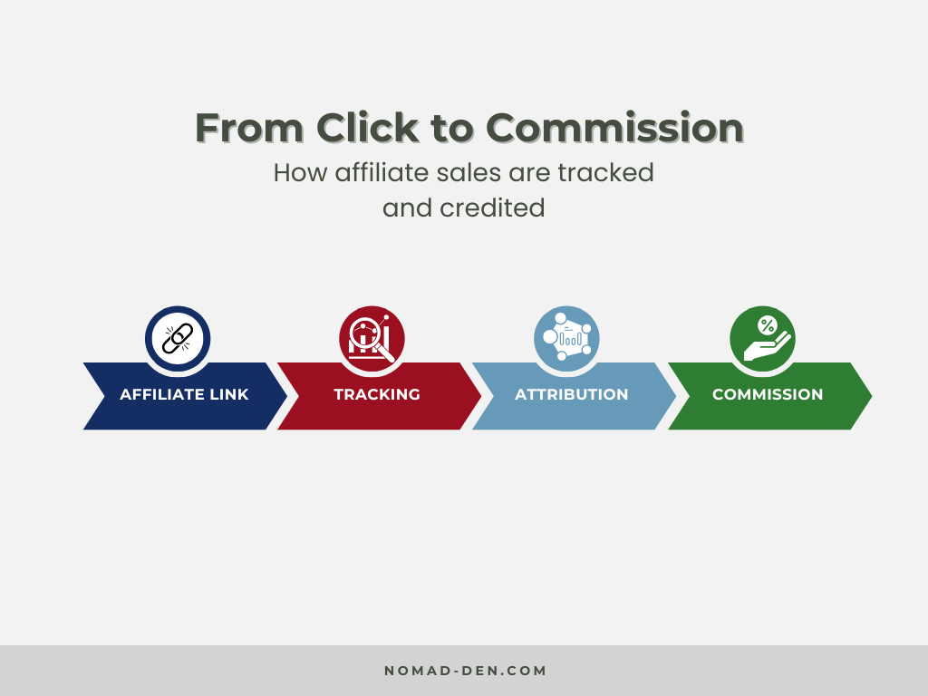 Diagram showing how affiliate marketing works from affiliate link to tracking, attribution, and commission.