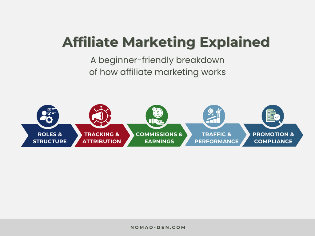 Overview diagram explaining affiliate marketing, including roles, tracking, commissions, traffic, and promotion compliance.