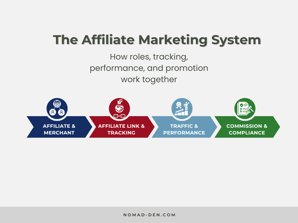Diagram summarizing how affiliate marketing works, from roles and tracking to traffic, commissions, and compliance.