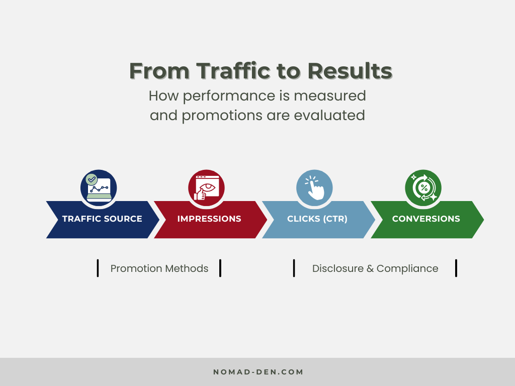 Diagram showing how affiliate marketing performance moves from traffic source and impressions to clicks and conversions.