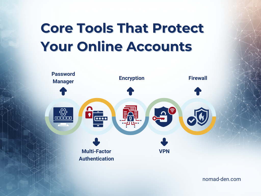 Diagram showing five core tools that protect online accounts: password managers, multi-factor authentication, encryption, VPNs, and firewalls.