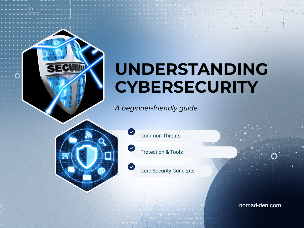 Featured image for a beginner-friendly guide to understanding cybersecurity, highlighting common threats, protection tools, and core security concepts.