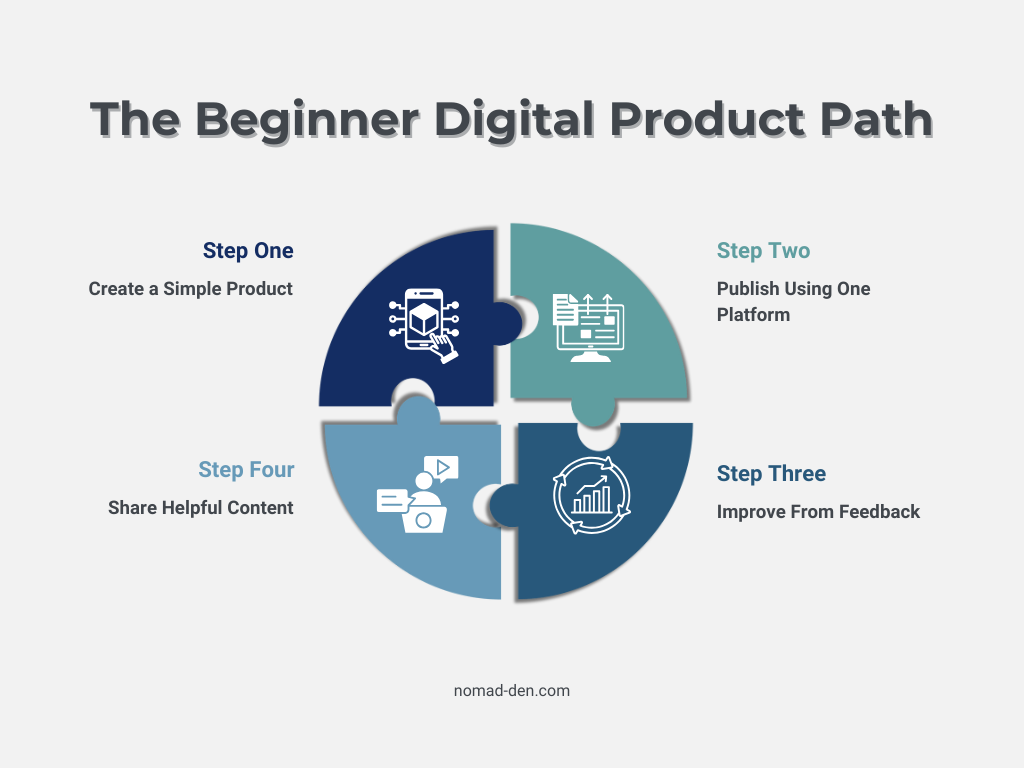 Beginner framework for selling digital products using one platform, content sharing, and feedback improvement.