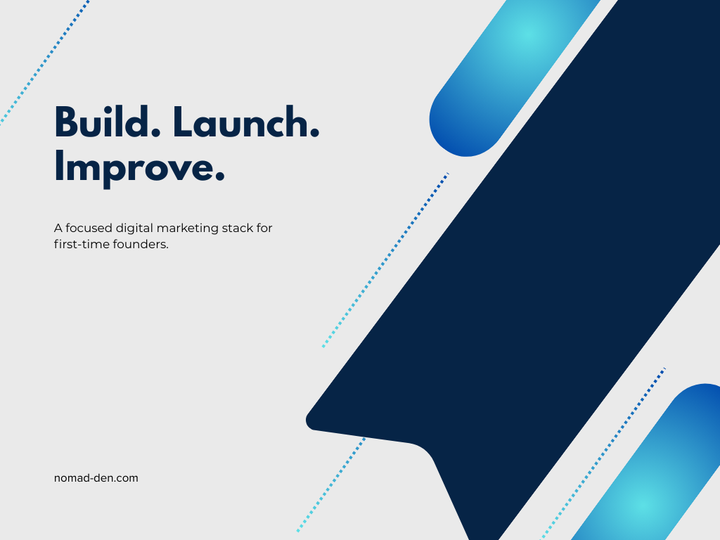 Graphic with the words “Build. Launch. Improve.” over a minimalist upward launch design.