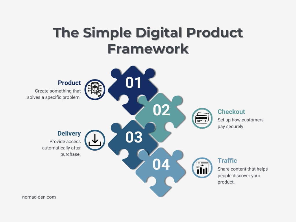 Infographic showing a simple four-step digital product framework: product creation, checkout setup, automated delivery, and traffic generation.