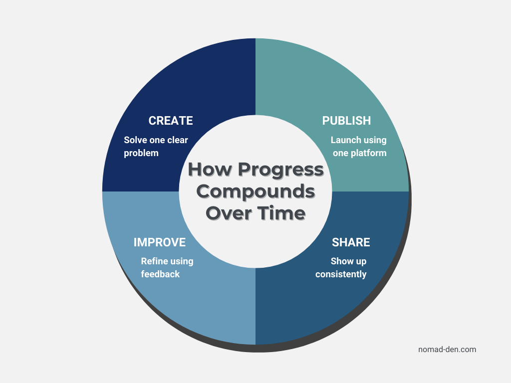 Visual summary of a beginner digital product workflow showing a repeating cycle of creating, publishing, sharing, and improving to build momentum and long-term business growth.
