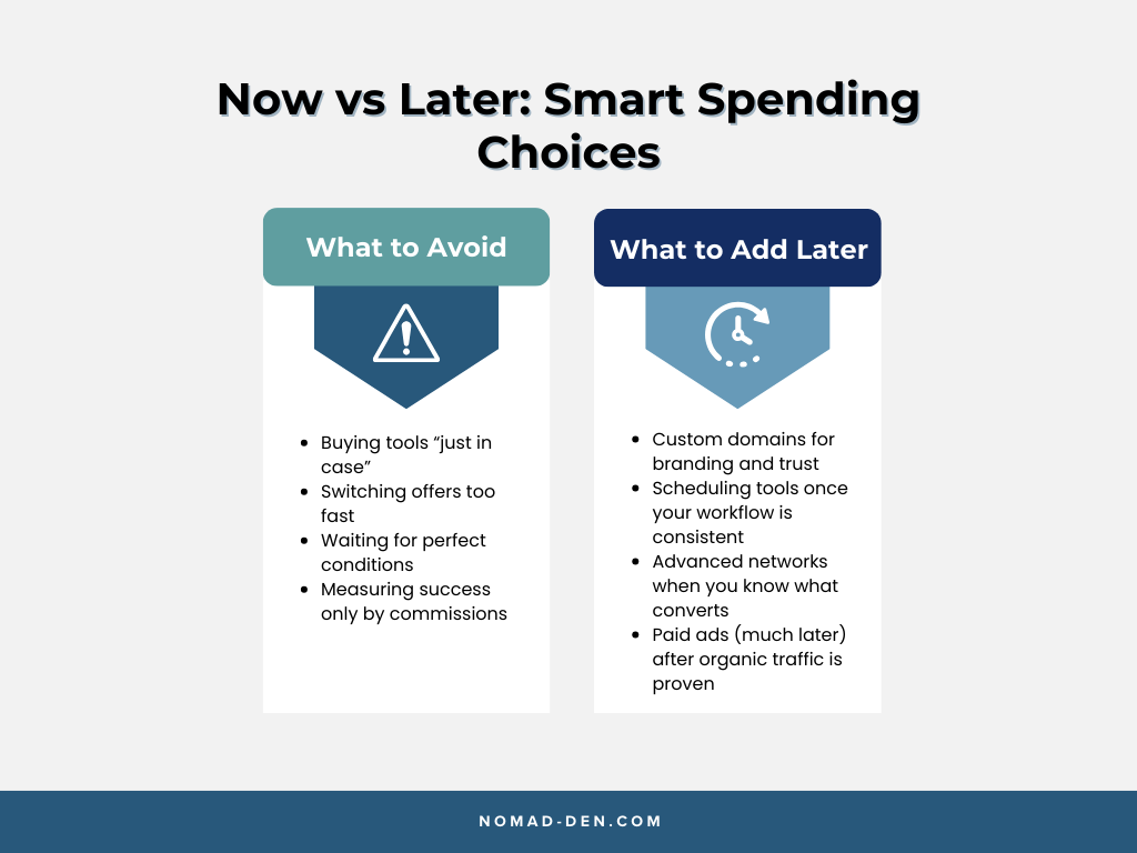 Comparison chart showing what to avoid now and what to add later when building an affiliate marketing business on a budget