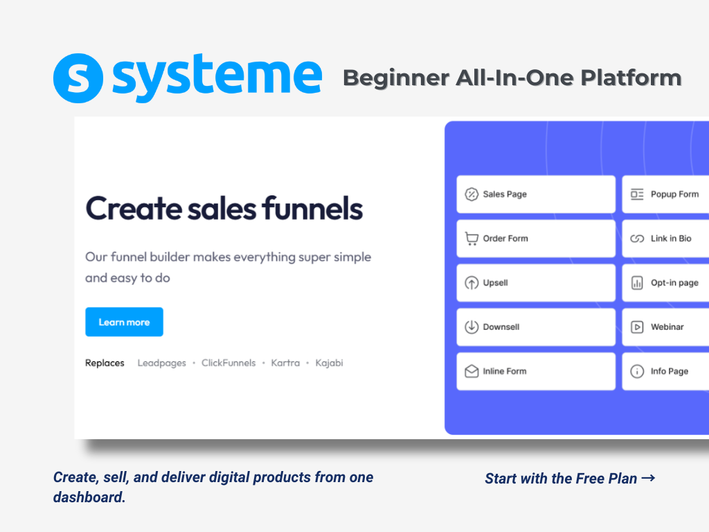 Systeme.io beginner all-in-one platform showing funnel builder dashboard for creating and selling digital products