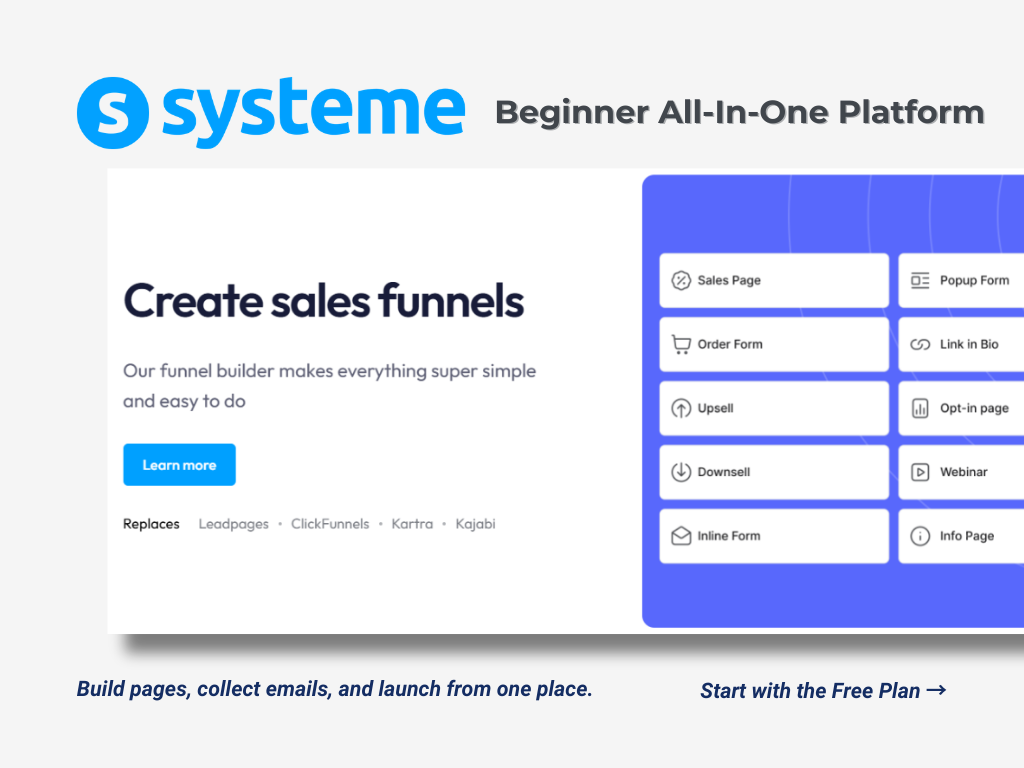 Systeme.io banner showing sales funnel builder and free plan call to action.