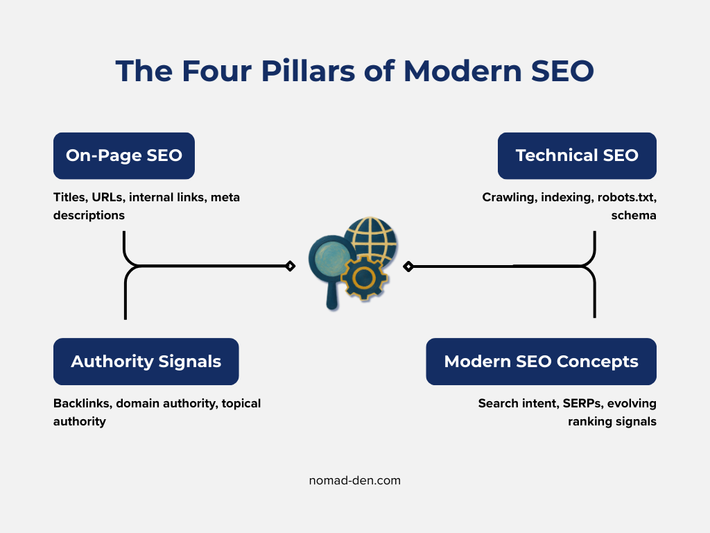 SEO framework showing four pillars: on-page SEO, authority signals, technical SEO, and modern SEO concepts