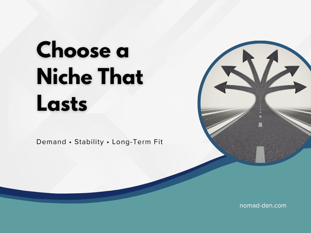 Illustration of a road splitting into multiple directions representing how to choose a niche based on demand, stability, and long-term fit