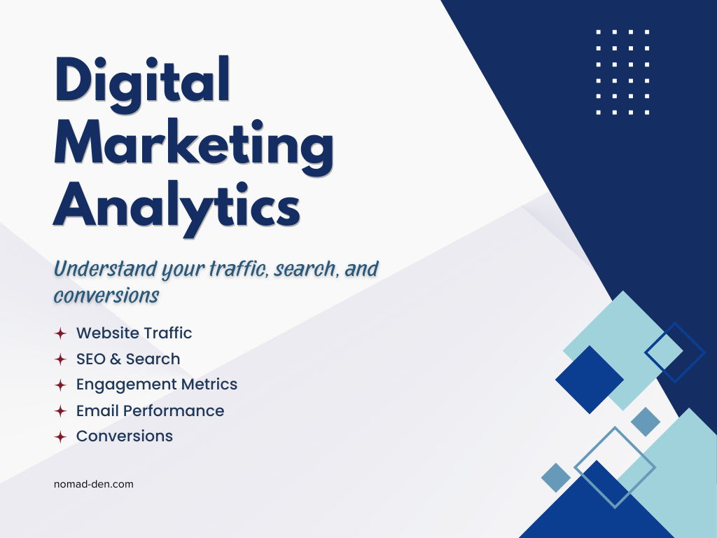 Featured image for a beginner digital marketing analytics guide covering website traffic, SEO and search, engagement metrics, email performance, and conversions.