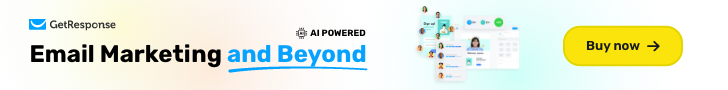 Horizontal GetResponse banner advertising AI-powered email marketing tools with the text “Email Marketing and Beyond” alongside a buy now button.
