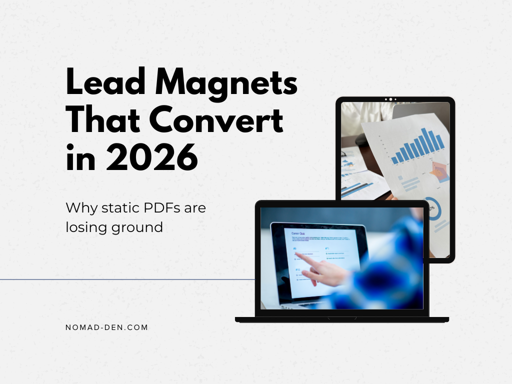 Featured image for a lead magnet strategy guide showing interactive quizzes, analytics, and modern lead generation tactics that convert in 2026