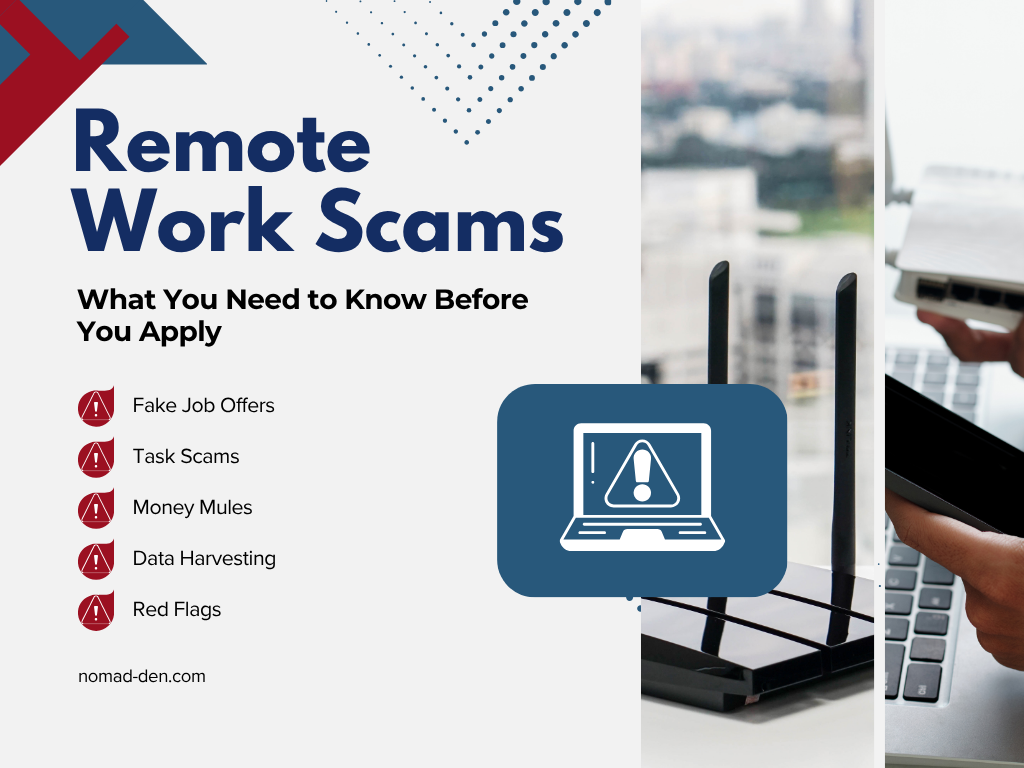 Featured infographic for a remote work scam awareness guide, highlighting fake job offers, task scams, money mule schemes, data harvesting, and common warning signs remote workers should recognize before applying for online jobs.
