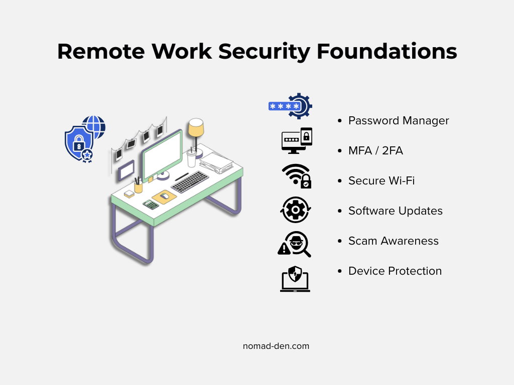 Infographic showing the foundational cybersecurity habits remote workers should follow, including password managers, MFA/2FA, secure Wi-Fi, software updates, scam awareness, and device protection alongside a secure remote workspace illustration.