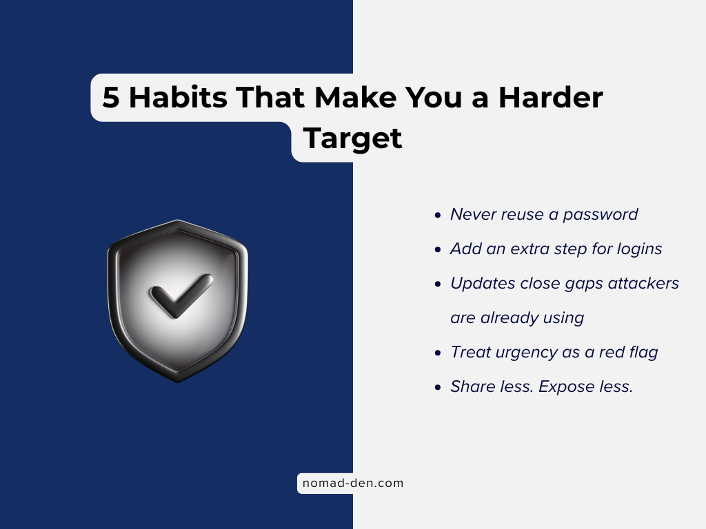 Cybersecurity infographic highlighting five habits that reduce online risk: avoiding password reuse, adding extra login security, keeping software updated, treating urgency as a warning sign, and limiting personal information shared online.