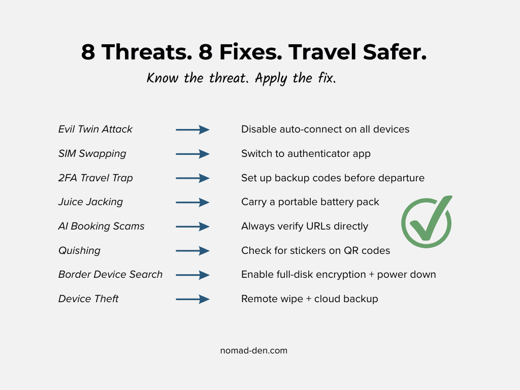 Threat and fix reference chart for digital nomad cybersecurity covering evil twin attacks, SIM swapping, juice jacking, quishing, and more