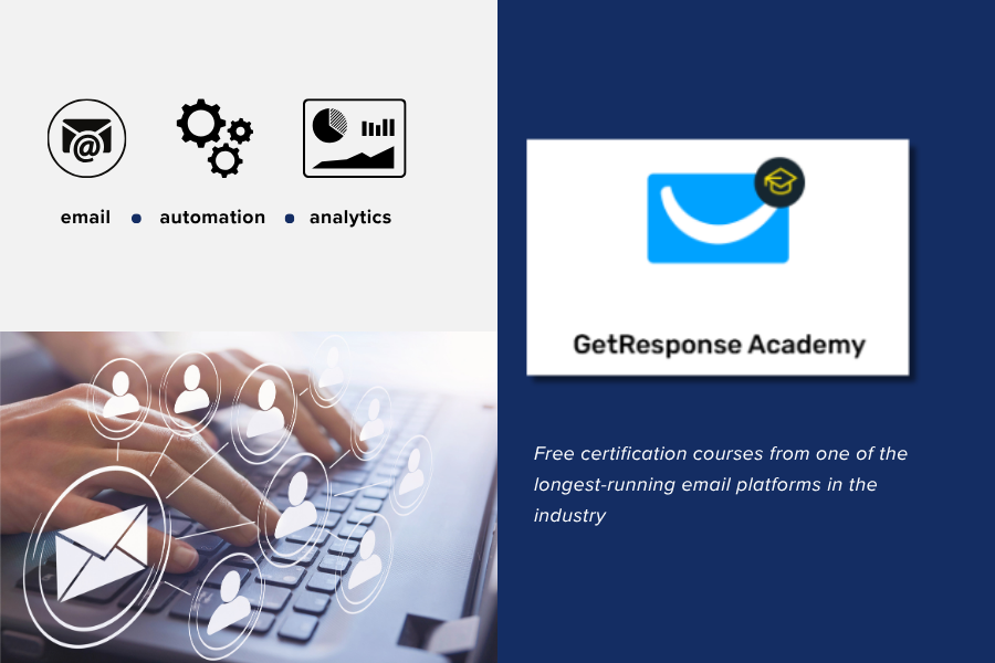GetResponse Academy card showing email, automation, and analytics icons alongside the GetResponse Academy logo and a description of free certification courses.