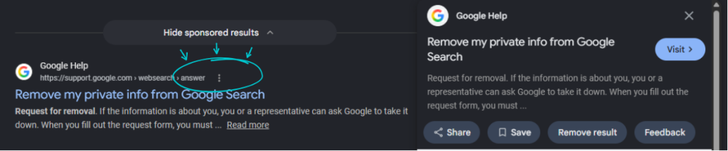 Google search result showing the three-dot menu and Remove result option for requesting personal data removal