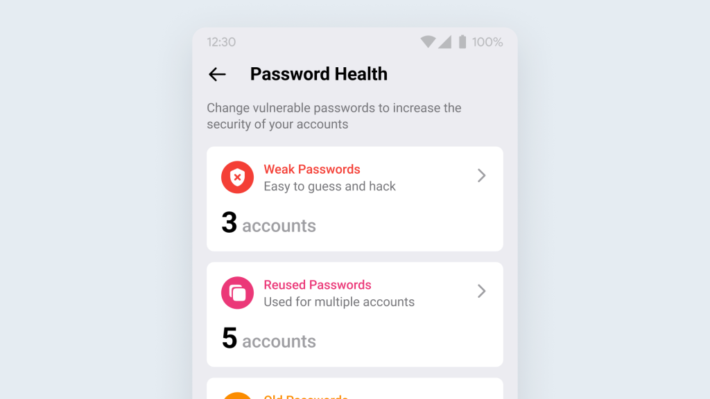 NordPass password health dashboard showing weak and reused passwords across multiple accounts, helping users identify and improve vulnerable login credentials.
