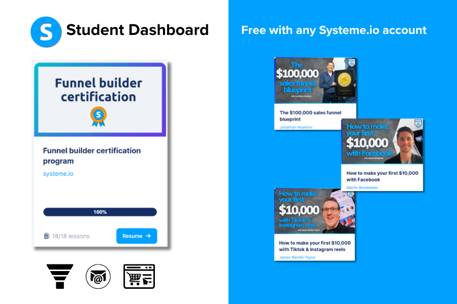 Systeme.io Student Dashboard card showing the Funnel Builder Certification and free courses available with a Systeme.io account.