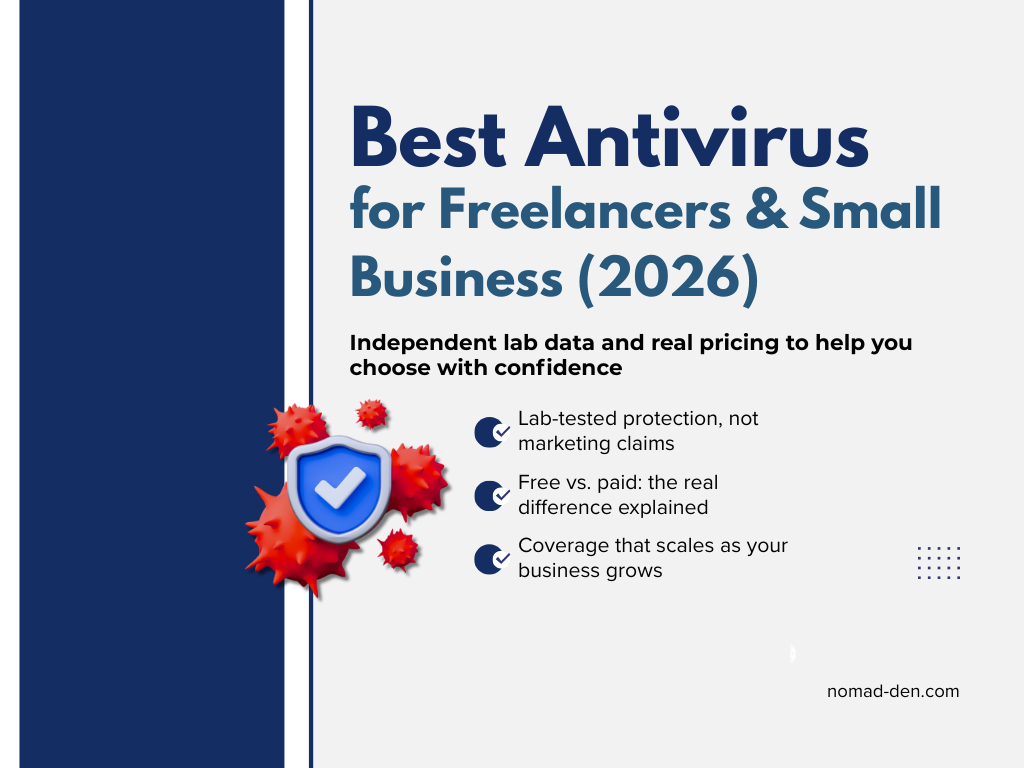 Featured image for 'Best Antivirus for Freelancers & Small Business (2026)' showing a shield with a checkmark surrounded by virus icons, with the subtitle 'Independent lab data and real pricing to help you choose with confidence' and three key takeaways: lab-tested protection, free vs. paid differences explained, and coverage that scales as your business grows.