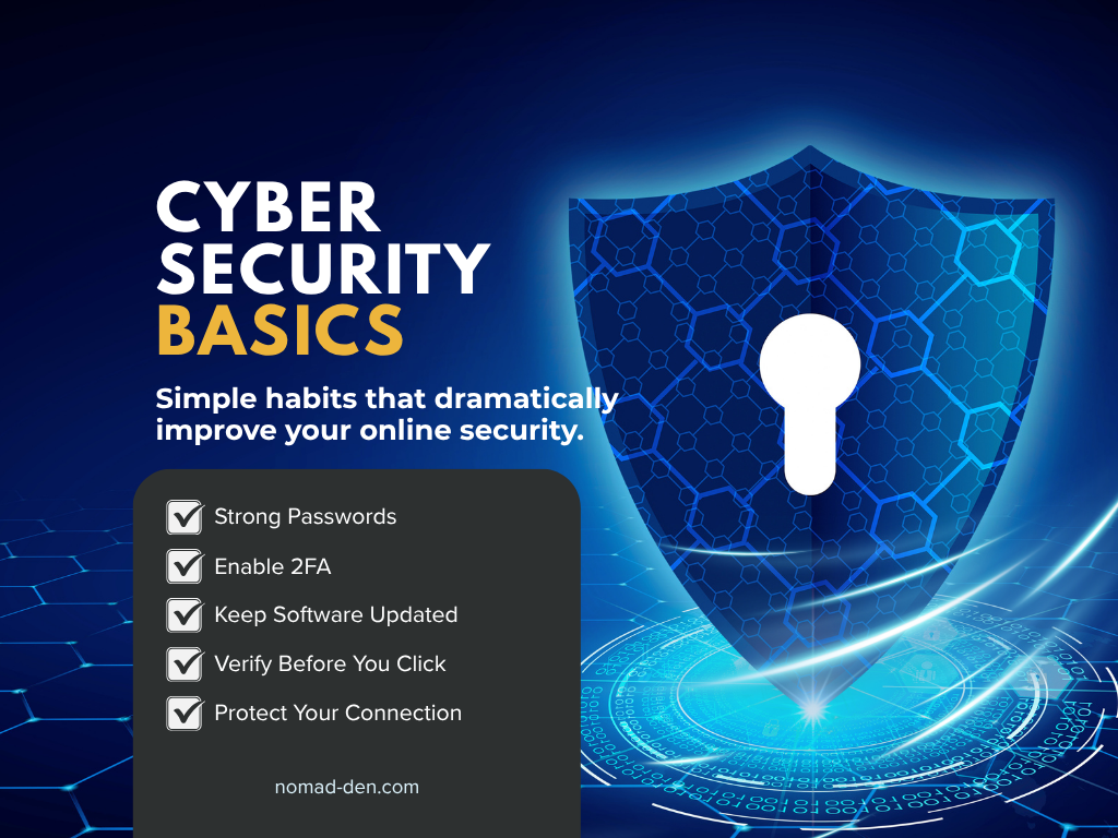 Featured infographic titled "Cybersecurity Basics" highlighting five essential online security practices: strong passwords, two-factor authentication, software updates, verifying before clicking, and protecting your internet connection, alongside a digital shield illustration.