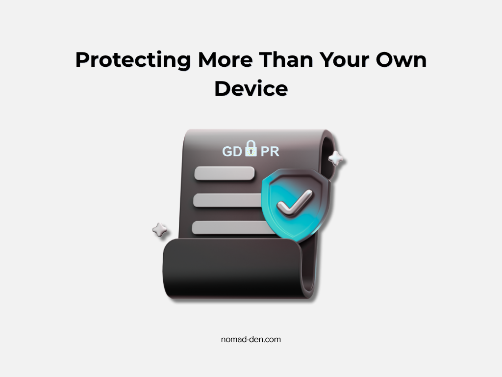 Illustration of a GDPR contract scroll with a lock icon and a shield with a checkmark beside it, representing data protection compliance for client information.