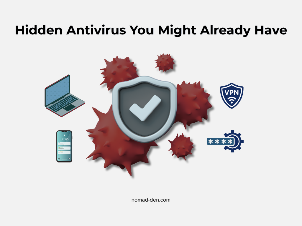Illustration of a shield with a checkmark surrounded by virus icons, flanked by a laptop, phone, VPN, and password manager icon, titled 'Hidden Antivirus You Might Already Have.'