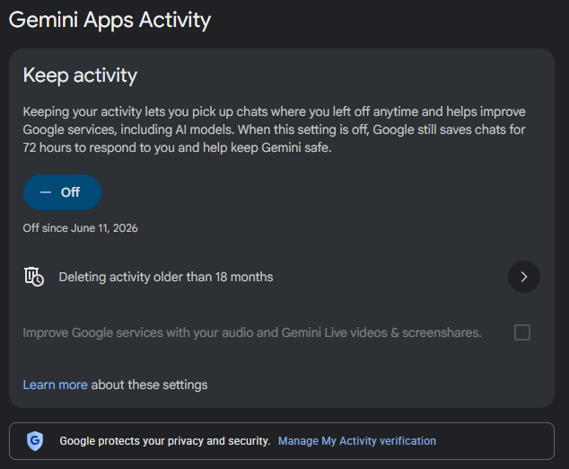 Gemini Apps Activity settings showing how to turn off activity tracking to prevent Google AI training on your data