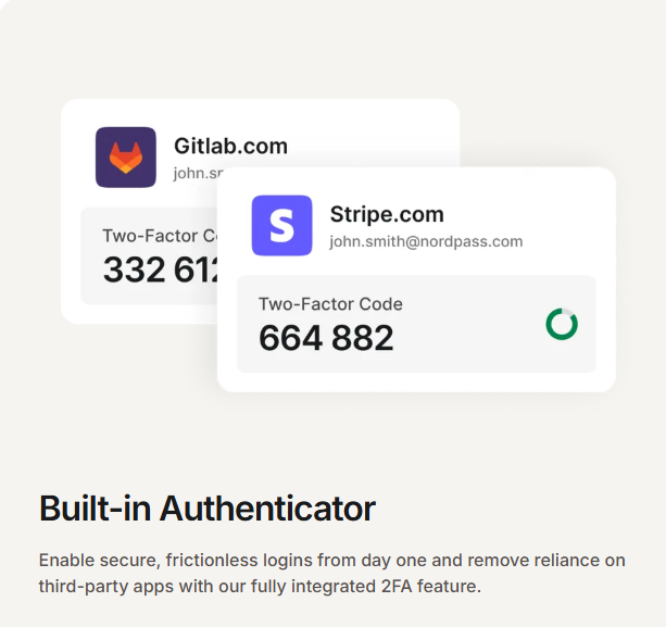 NordPass built-in authenticator showing two-factor codes for GitLab and Stripe accounts