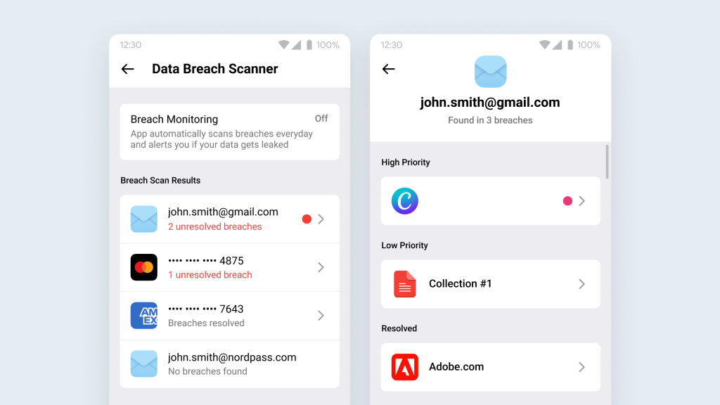 NordPass Data Breach Scanner showing breach monitoring results with unresolved breaches across email and credit card accounts
