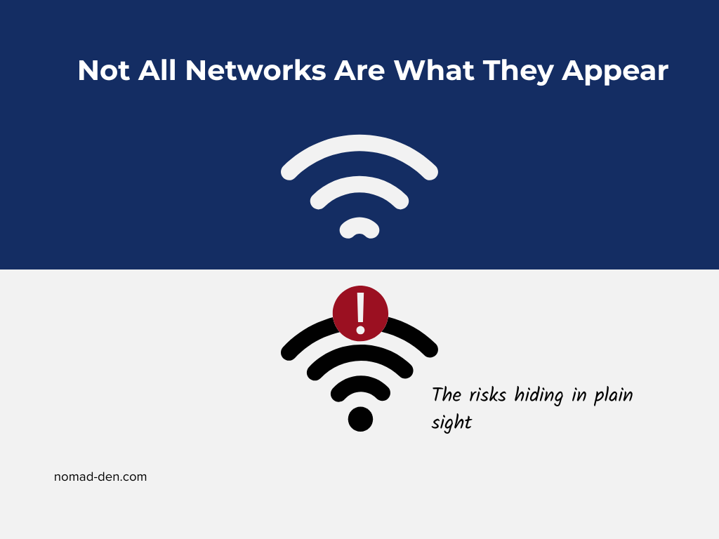 Split image showing a clean WiFi signal above and a compromised WiFi signal with a red warning icon below, illustrating the evil twin network threat