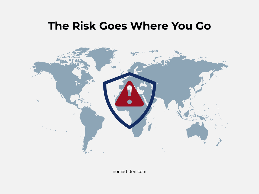 World map with a shield and warning symbol illustrating global privacy risks for digital nomads and online business owners.