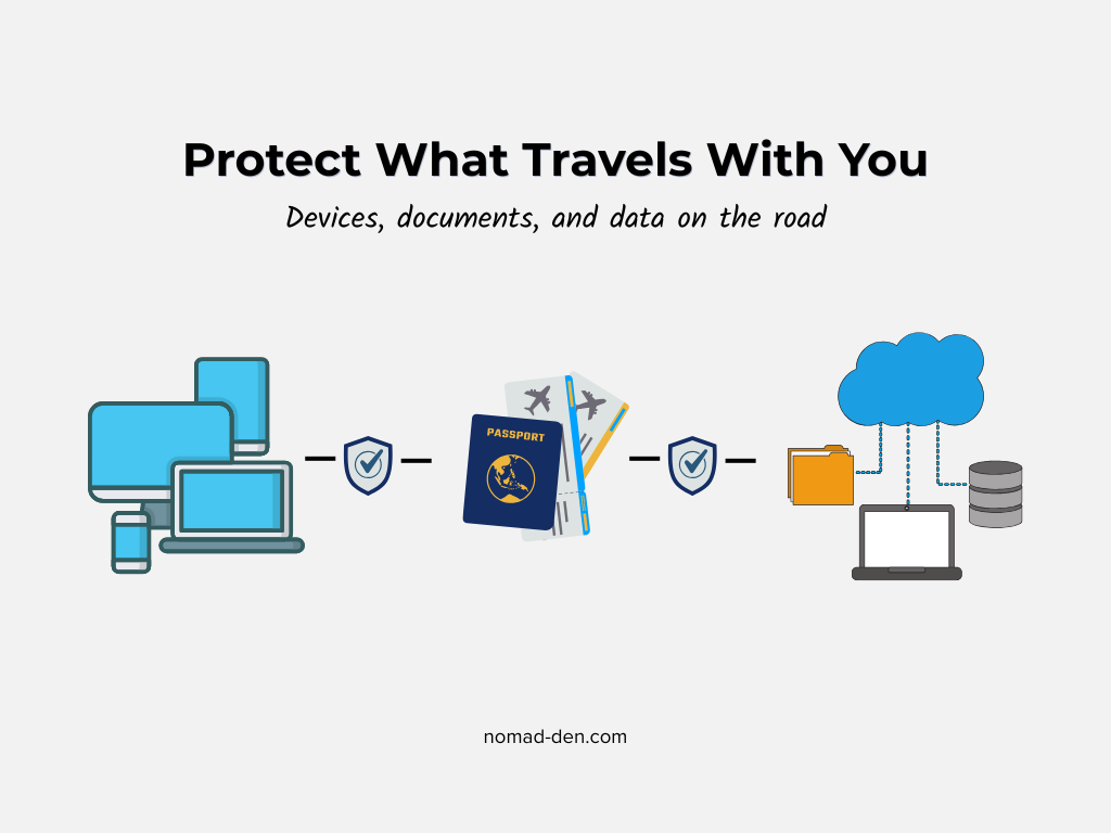 Three icons representing secured devices, a passport with shield, and cloud data backup illustrating digital nomad travel security essentials