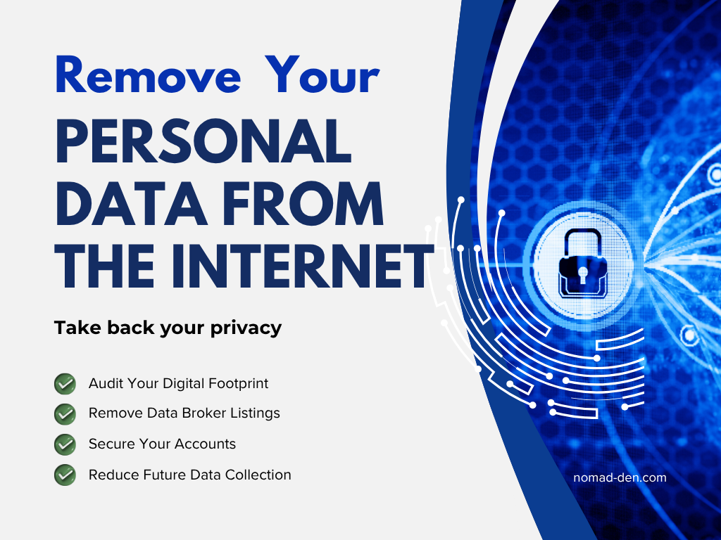 Featured infographic for a guide on removing personal data from the internet, highlighting digital footprint audits, data broker removal, account security, and reducing future data collection.