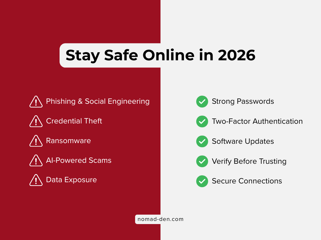 Summary infographic comparing common online threats including phishing, credential theft, ransomware, AI-powered scams, and data exposure with practical defenses such as strong passwords, two-factor authentication, software updates, verification, and secure connections.