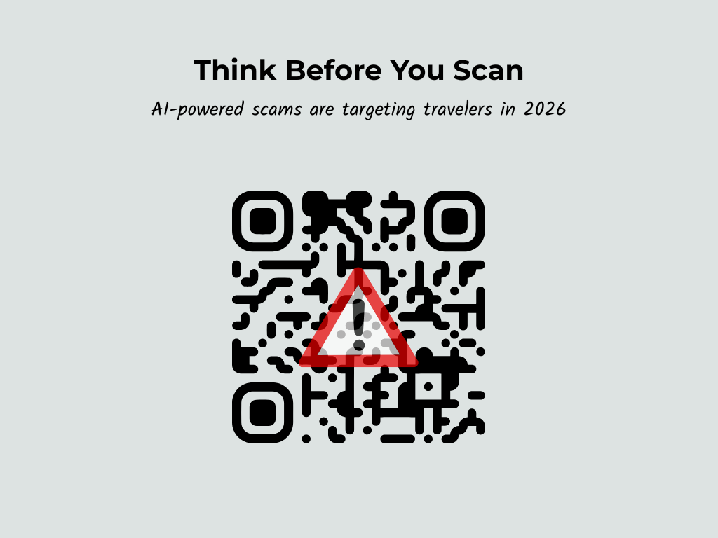 QR code with a partially hidden warning triangle overlay illustrating the quishing threat targeting travelers