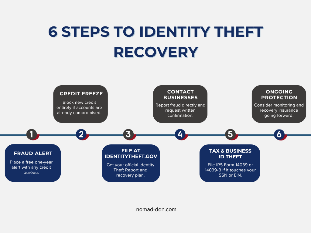 Six-step infographic for identity theft recovery: place a fraud alert, consider a credit freeze, file at IdentityTheft.gov, contact affected businesses, handle tax and business ID theft, and set up ongoing monitoring protection