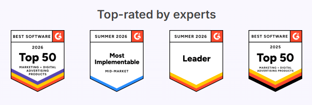 G2 badges recognizing Awin as a Top 50 marketing software product and market leader for 2025 and 2026.