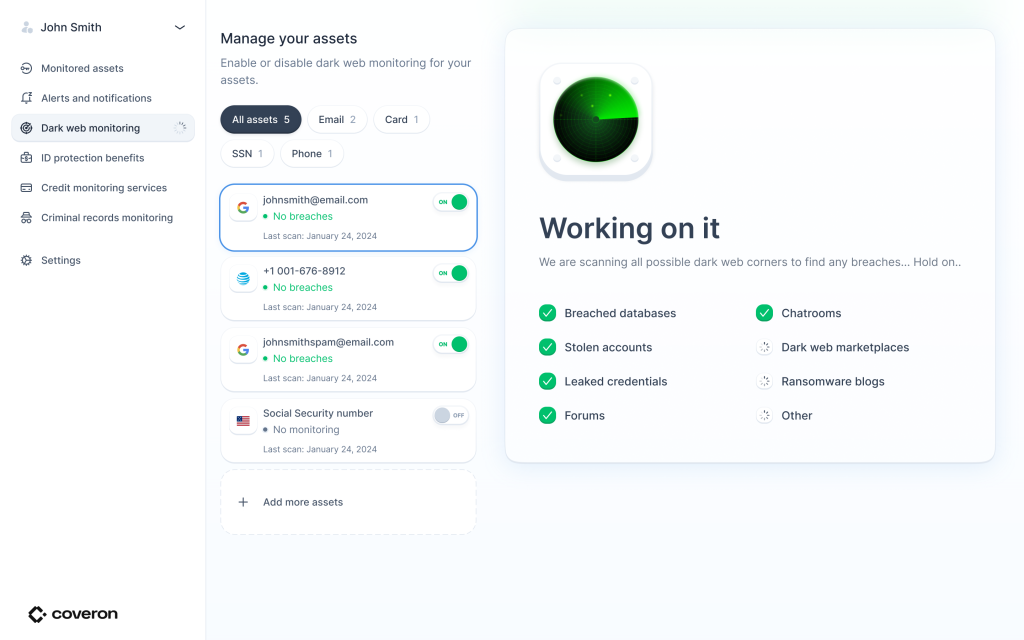 Coveron dashboard showing dark web monitoring scan in progress across breached databases, stolen accounts, leaked credentials, and forums for a user's monitored assets