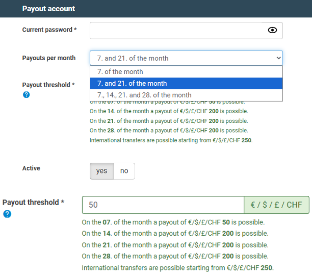 Digistore24 payout account settings showing payout frequency options and a customizable threshold field, with a €50 minimum on the earliest payout date.