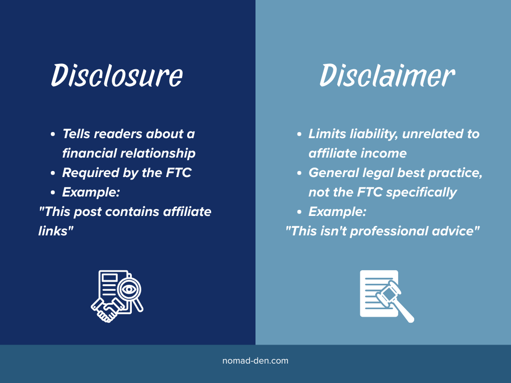 Side-by-side comparison of an affiliate disclosure and a legal disclaimer, showing what each one covers and an example line for each.